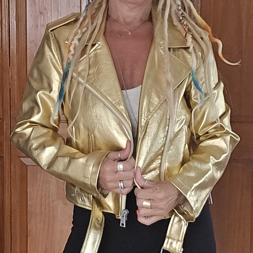 Levi's Gold Leather Jacket with Cropped Length and Lapels